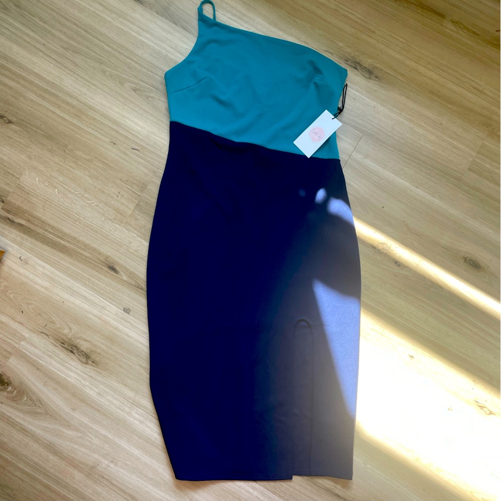 One-Shoulder Teal and Navy Colorblock Dress